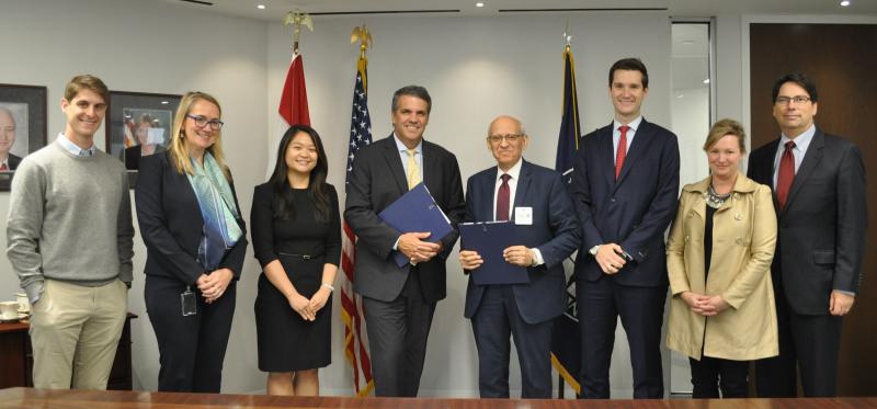 Left to right: Andrew Gatti, Assistant General Counsel, U.S. Trade and Development Agency; Sarah Fandell, General Counsel, U.S. Trade and Development Agency; Lulu Liu, Assistant General Counsel, U.S. Trade and Development Agency; Thomas Hardy, Director, U.S. Trade and Development Agency; Ahmed Bahgat, Chairman, Benchmark Power International; Jeffrey Phillips, Middle East, North Africa, Europe, Asia, U.S. Trade and Development Agency; Pamela Venzke, Managing Director, Global Government Affairs & Policy, GE