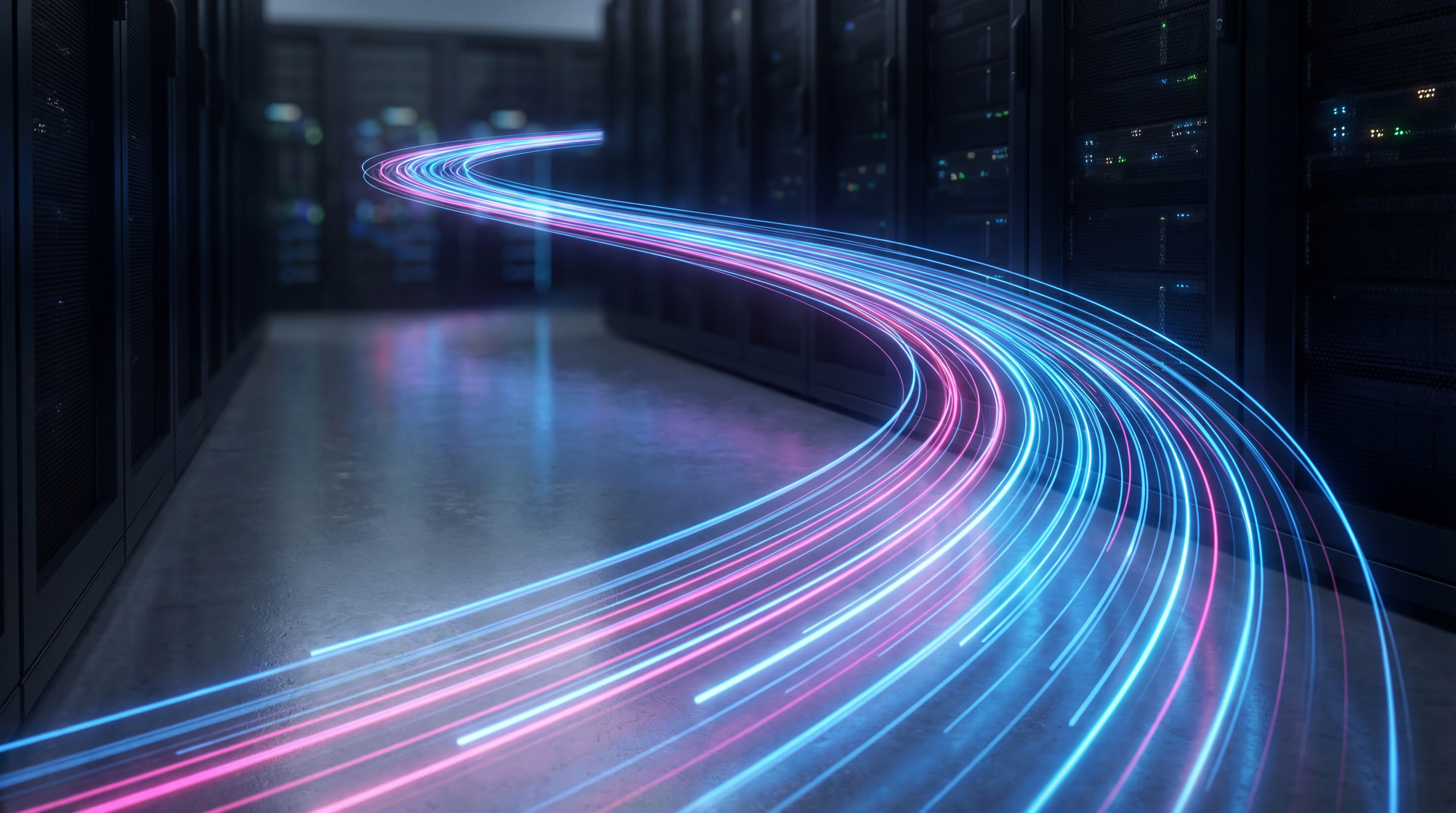 Stock image: Dynamic light trails flowing through a server room, symbolizing rapid data transfer and network speed.