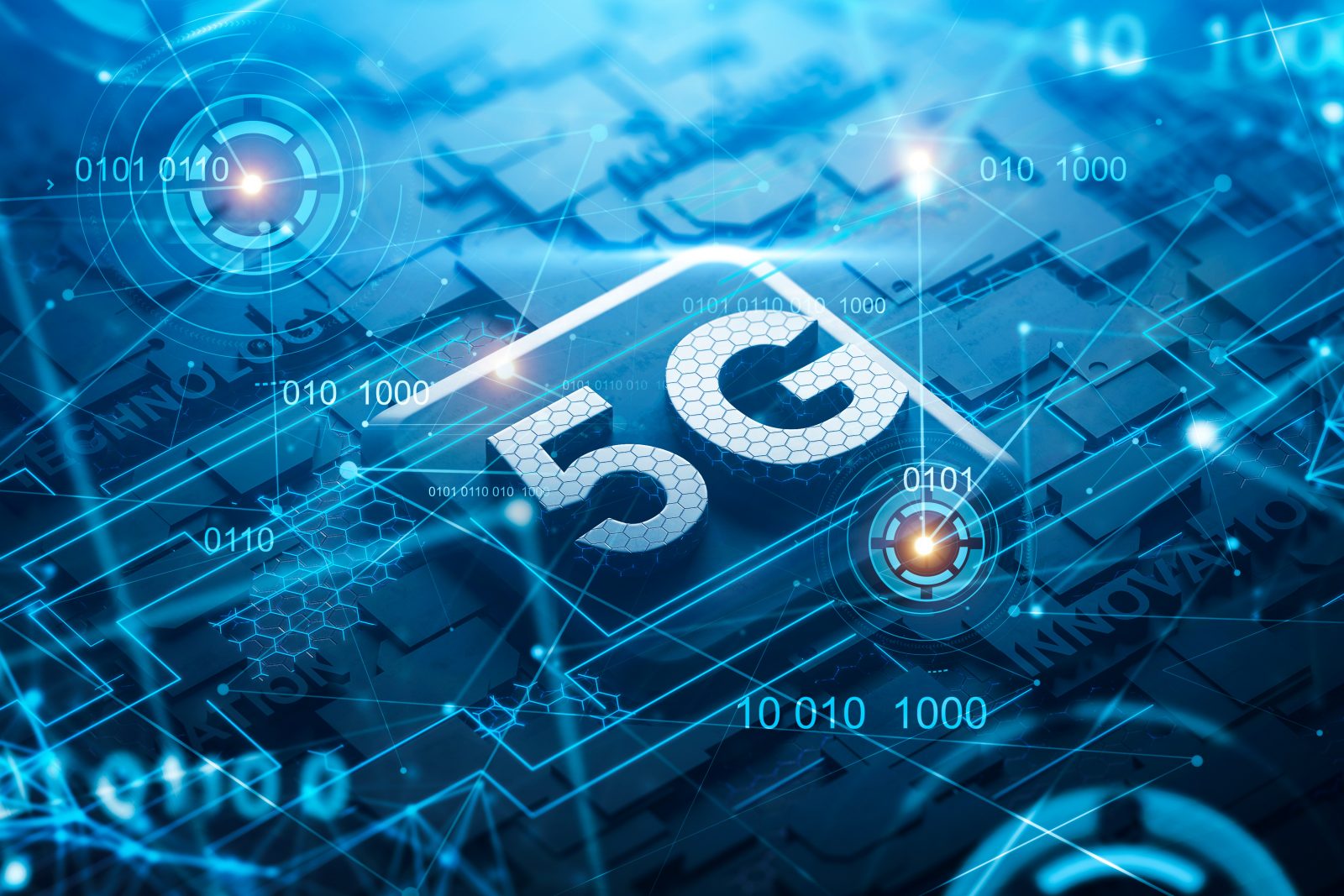 Black circuit board with 5G and telecommunication words and double exposure of blue HUD interface. Concept of hi tech. 3d rendering