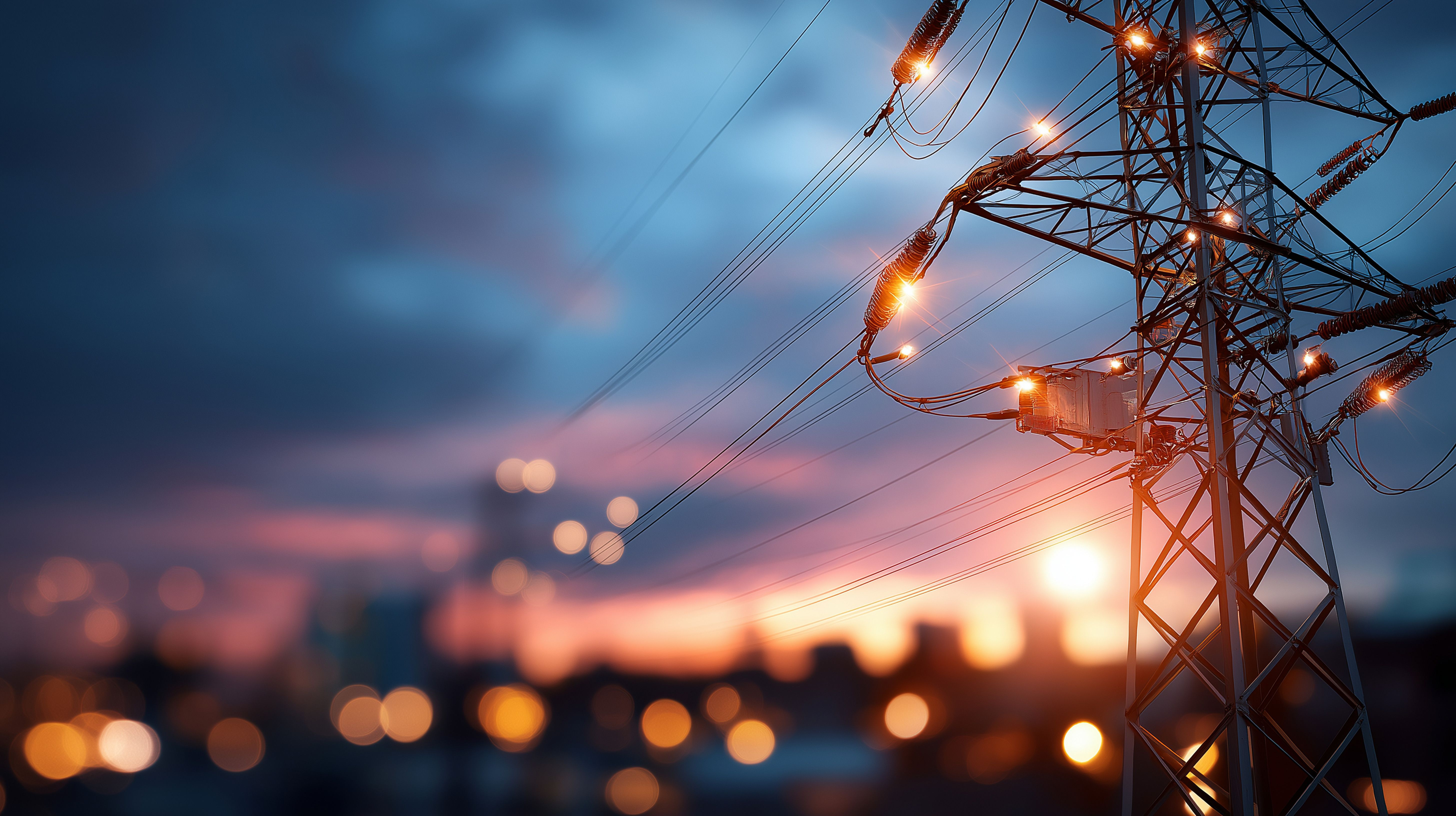 AI-generated image of power transmission tower and lines at dusk