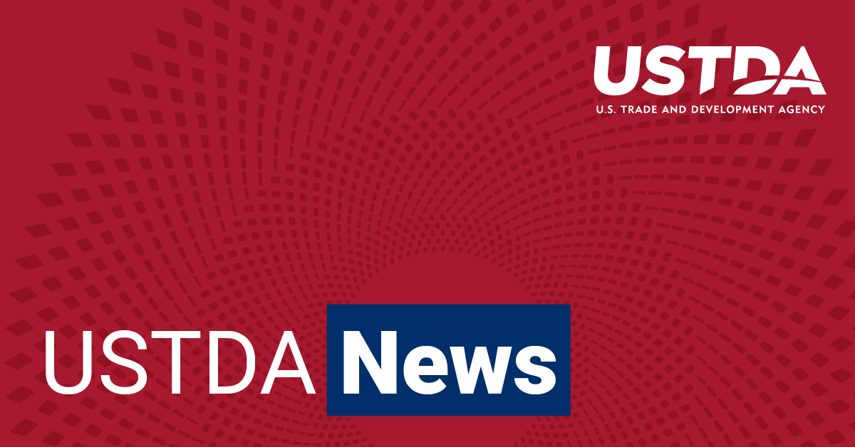 Red banner with white and blue text. Reads "USTDA News"