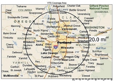 A map showing Portland VA Medical Center in the middle and a 20-mile ring around it indication the VTS coverage for rides.