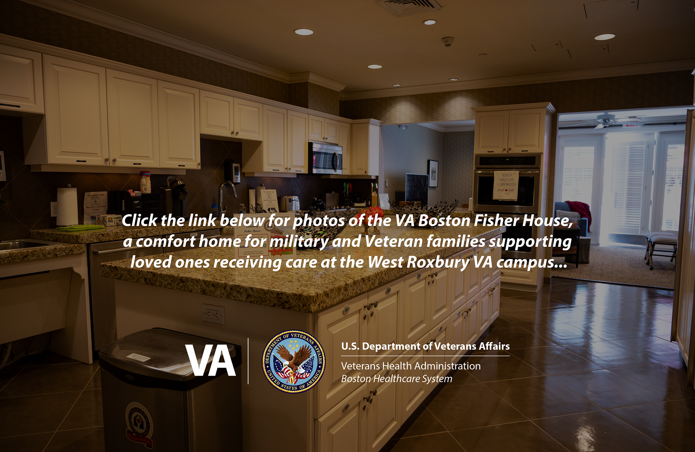 Photo of the VA Boston Fisher House kitchen with text, 