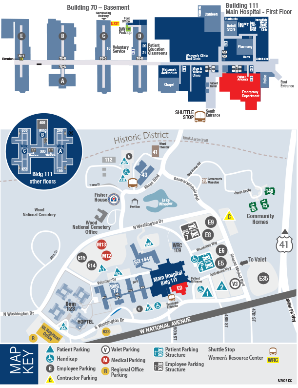 Map of Milwaukee VA southern campus and first floor of medical center.