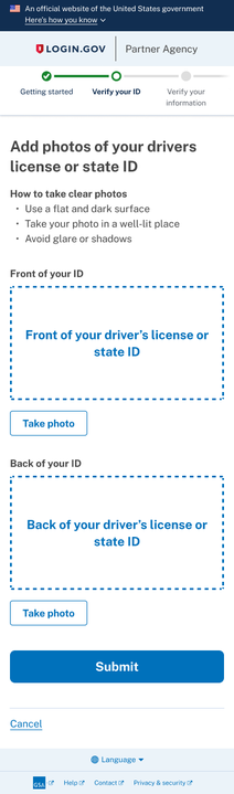 Step in Login.gov identity verification process to take photos of your driver's license or state ID.