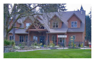 Craftsman style, 2 story, light brown building resembling a home with large tree, shrubs, landscaped lawn with tall pine trees in back.