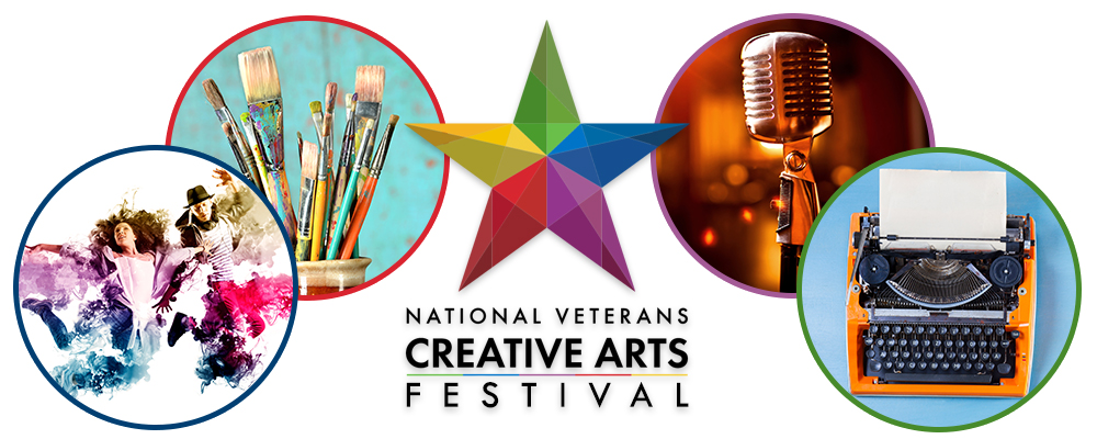 National Veterans Creative Arts Festival logo surrounded by a collage of creative arts categories.