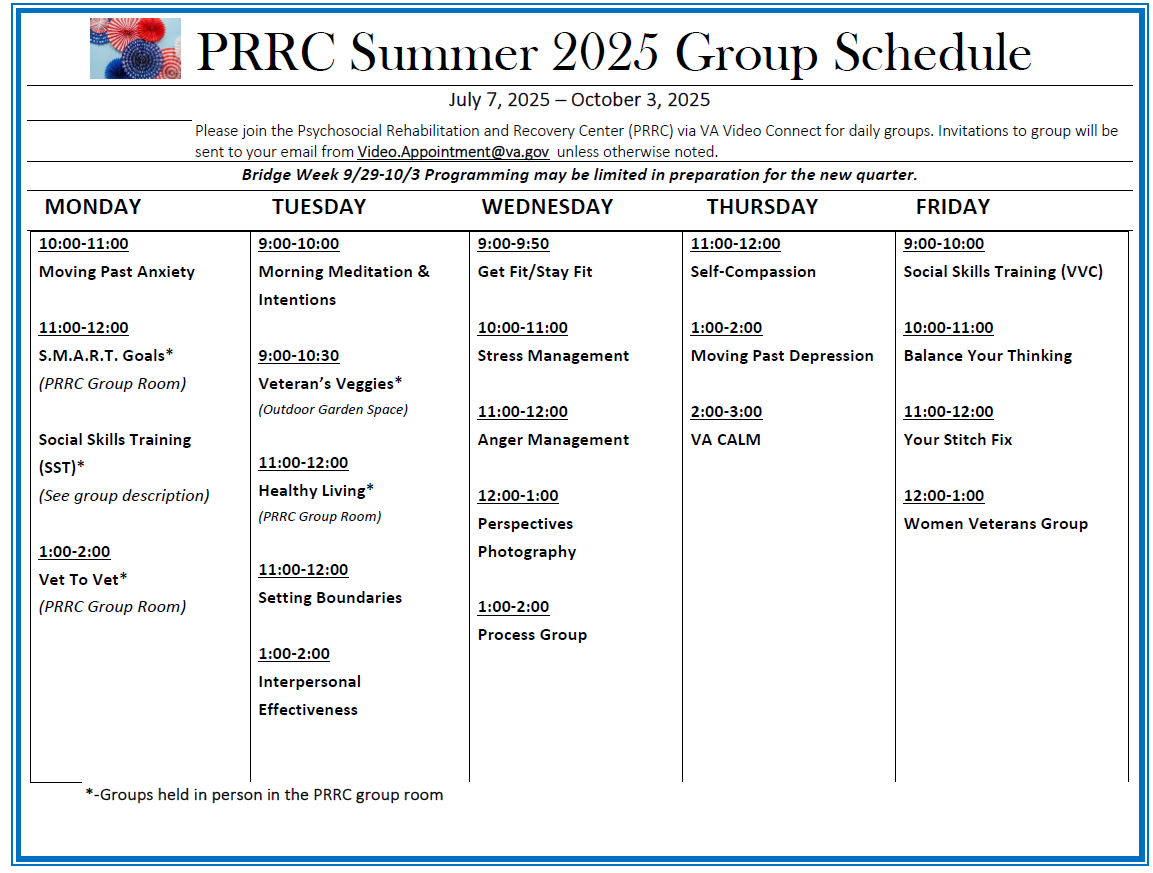 PRRC Summer Schedule 2025