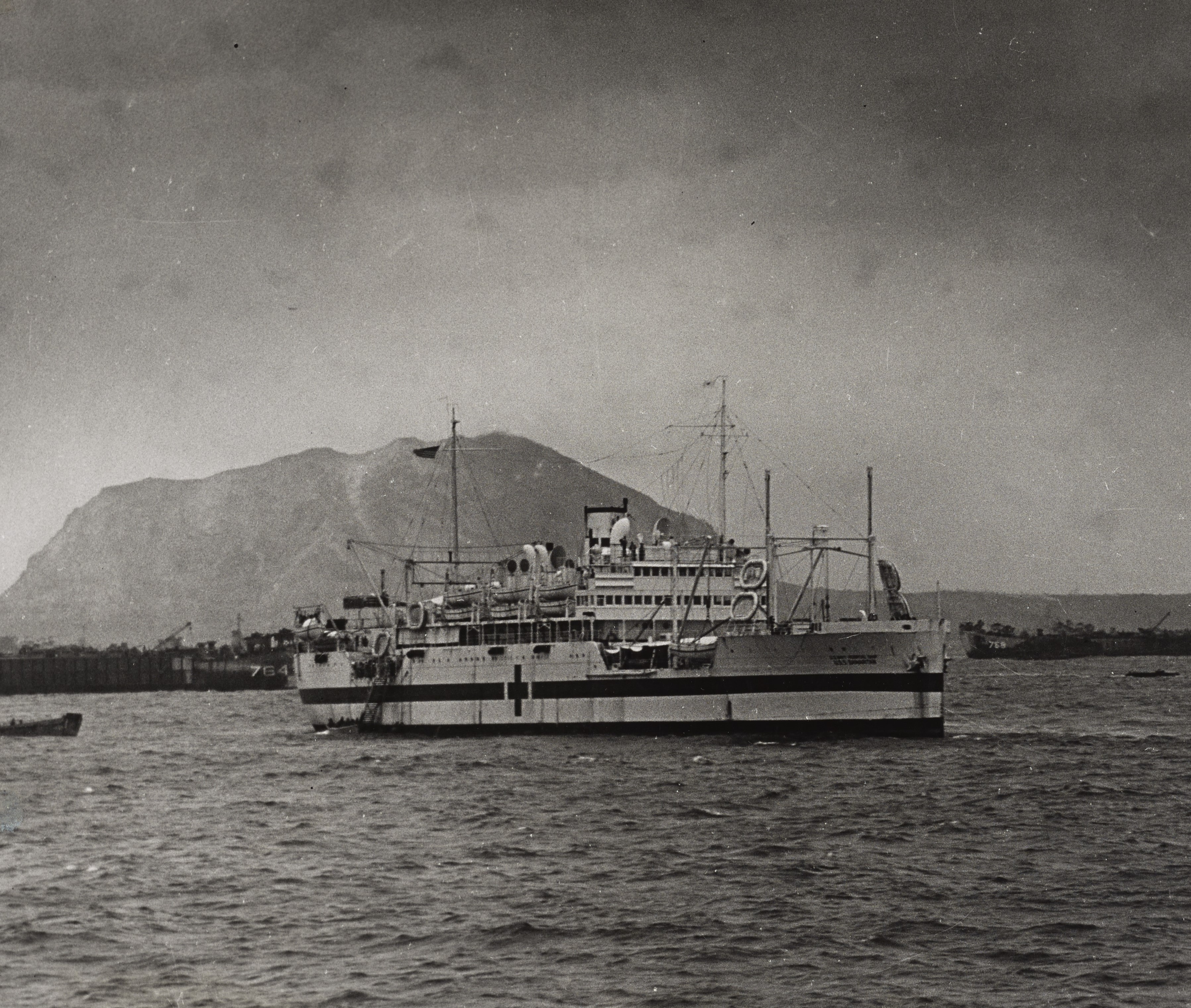 Hospital ship off the coast of Iwo Jima, 1945. National Archives and Records Administration, 205585238