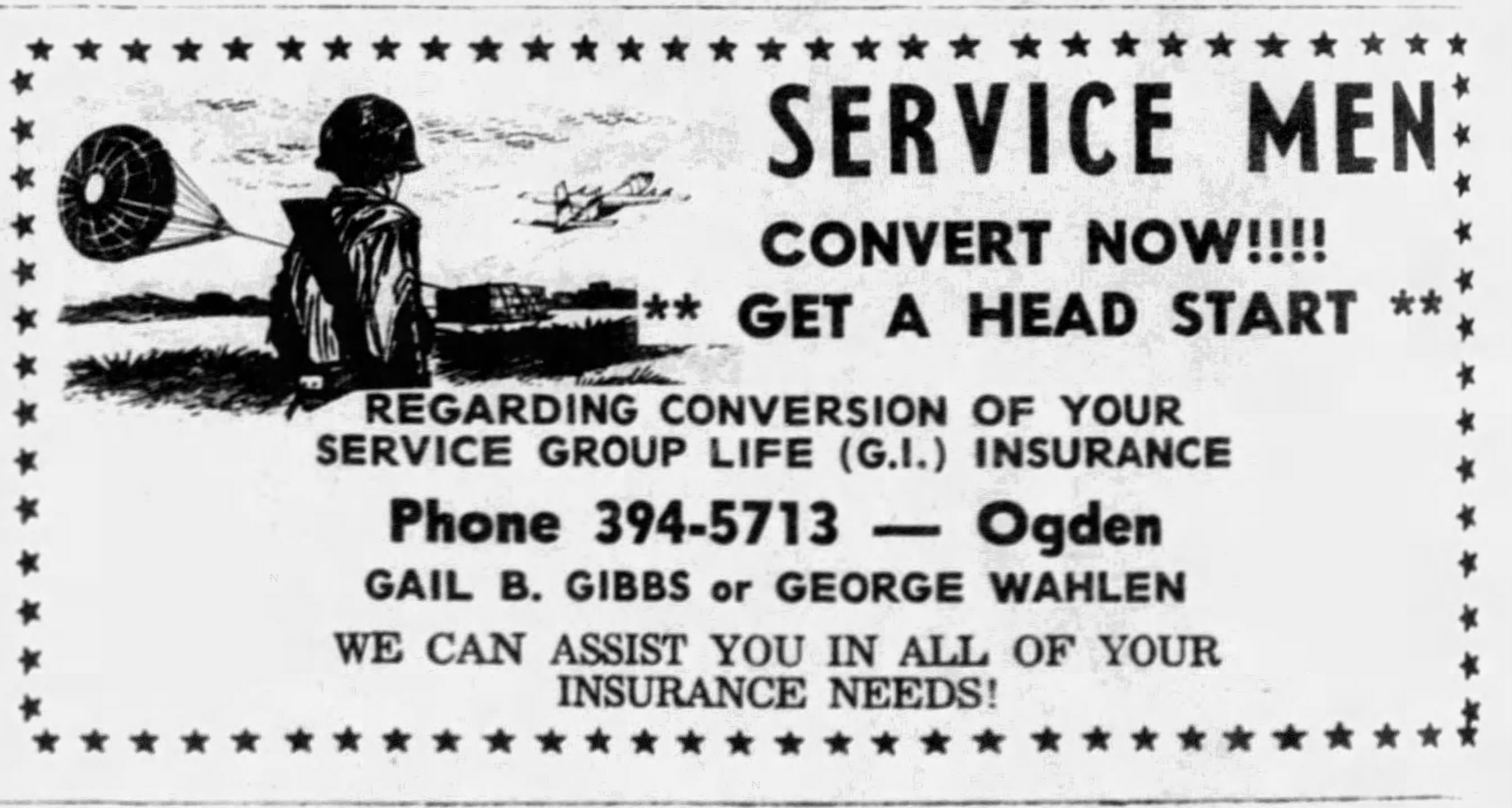 1970 advertisement for George Wahlen’s services in The Hill Top Times by Hill Air Force Base, Utah. 