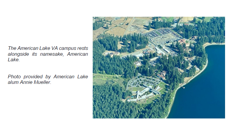 Aerial view of American Lake Campus next to the lake, with trees, buildings, parking lots and distant empty fields.