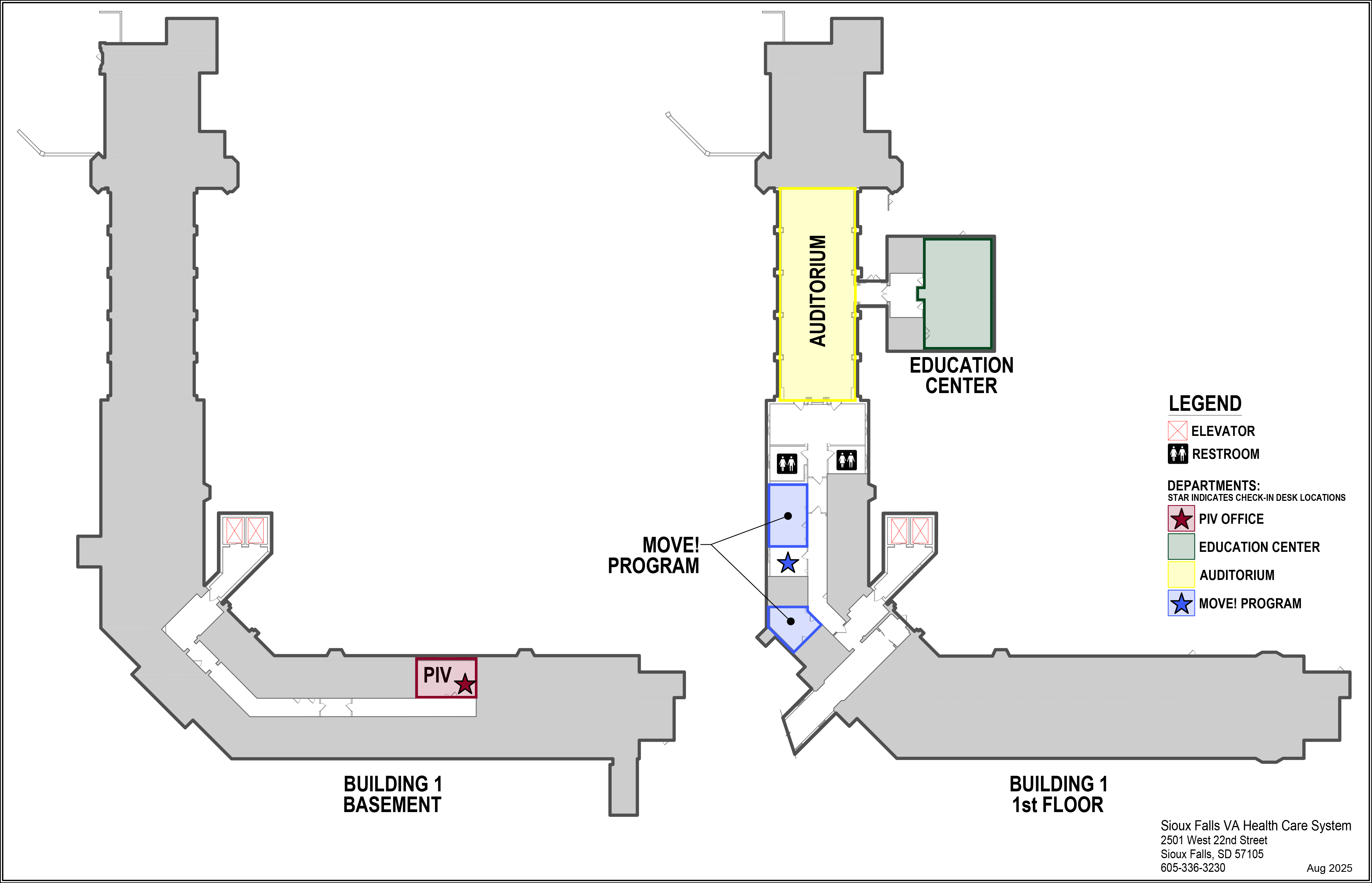 Royal C. Johnson Veterans' Memorial Hospital building 1, 1st floor and basement map