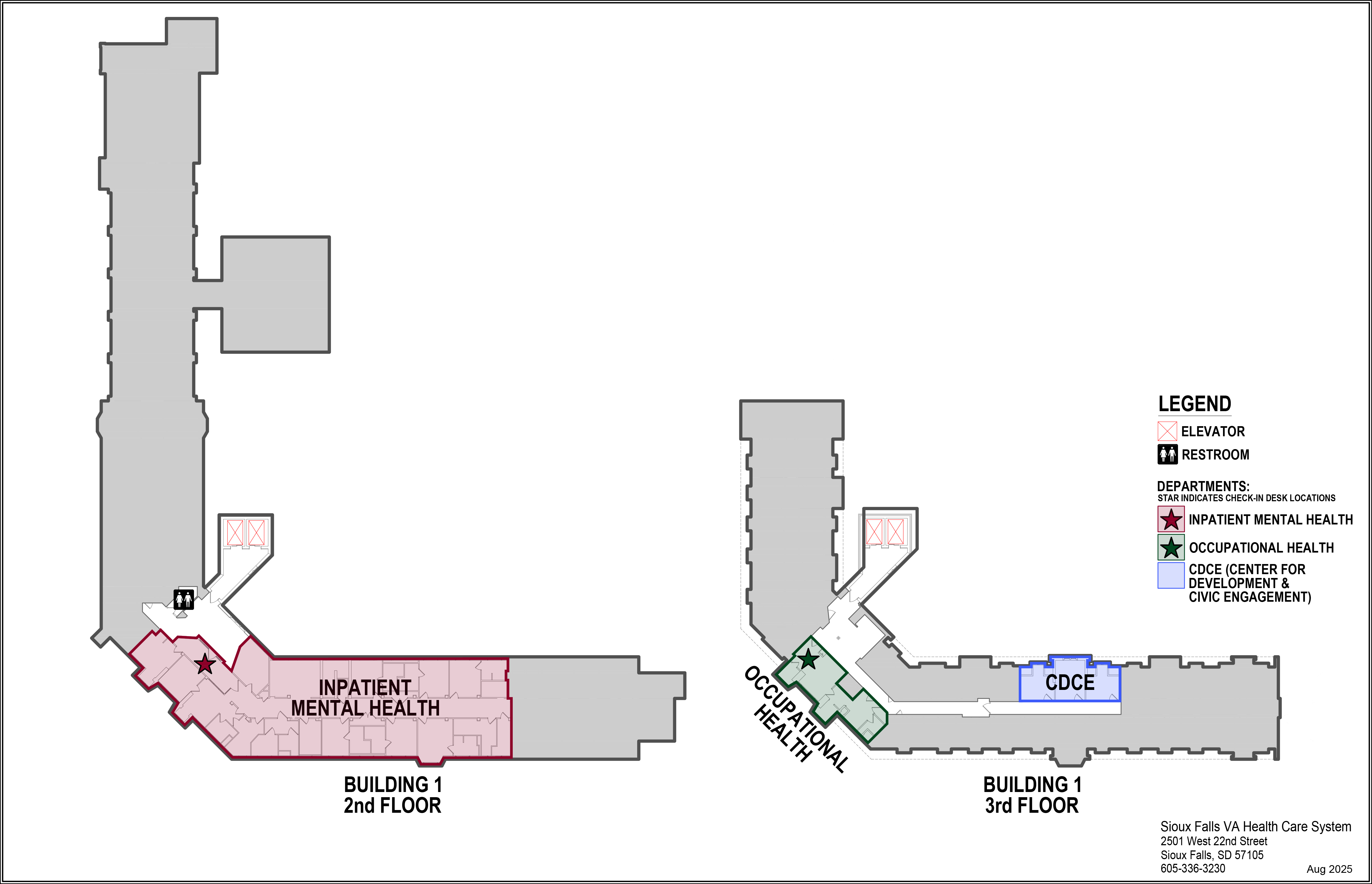 Royal C. Johnson Veterans' Memorial Hospital building 1, 2nd, 3rd, and 4th floor map