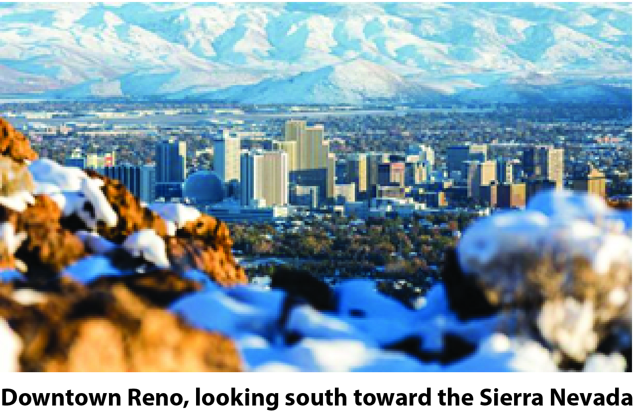 Downtown Reno, looking south toward the Sierra Nevada Mountains