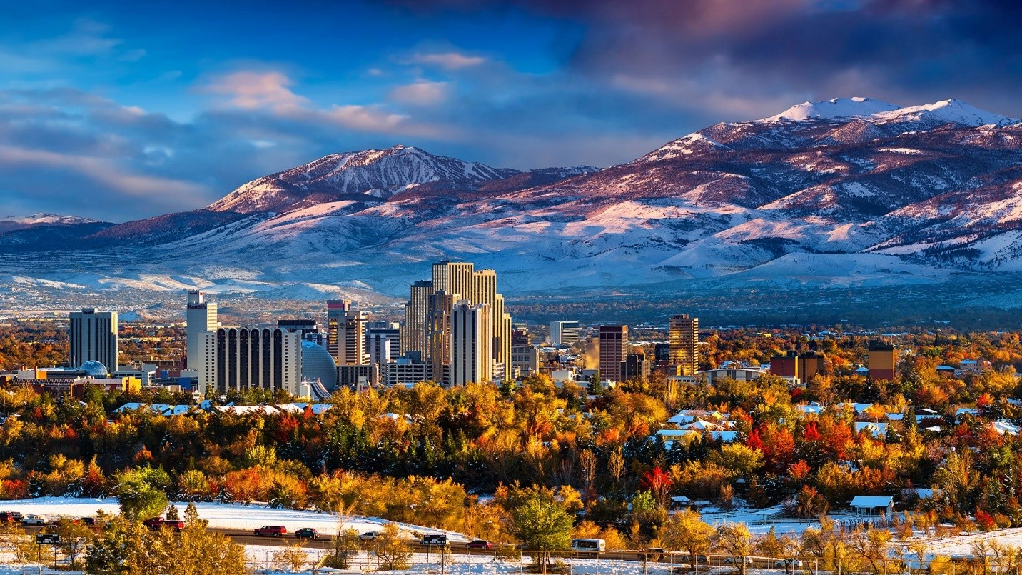 Downtown Reno, looking toward the Sierra Nevada Mountains