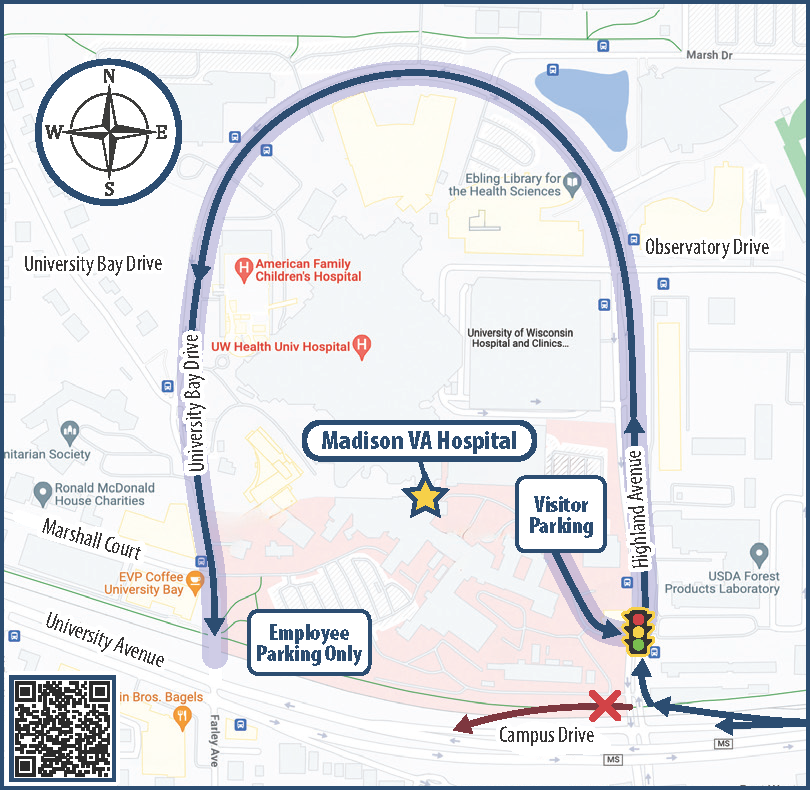 Map showing traffic pattern during construction. When exiting, left turn only on to Highland Avenue and around UW Hospital to University Bay Drive.
