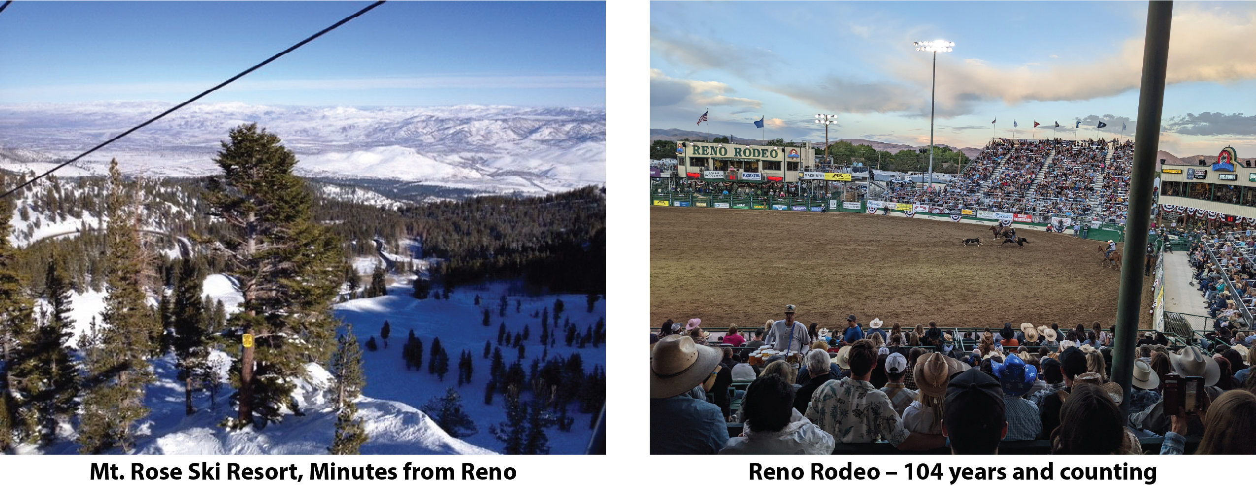 Mt. Rose Ski Resort, Minutes from Reno (left) and Reno Rodeo – 104 years and counting