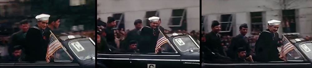 George Wahlen rides in a convertible during the Nimitz Day Parade in Washington, DC, Oct. 5, 1945. Stills from NARA ID: 79921
