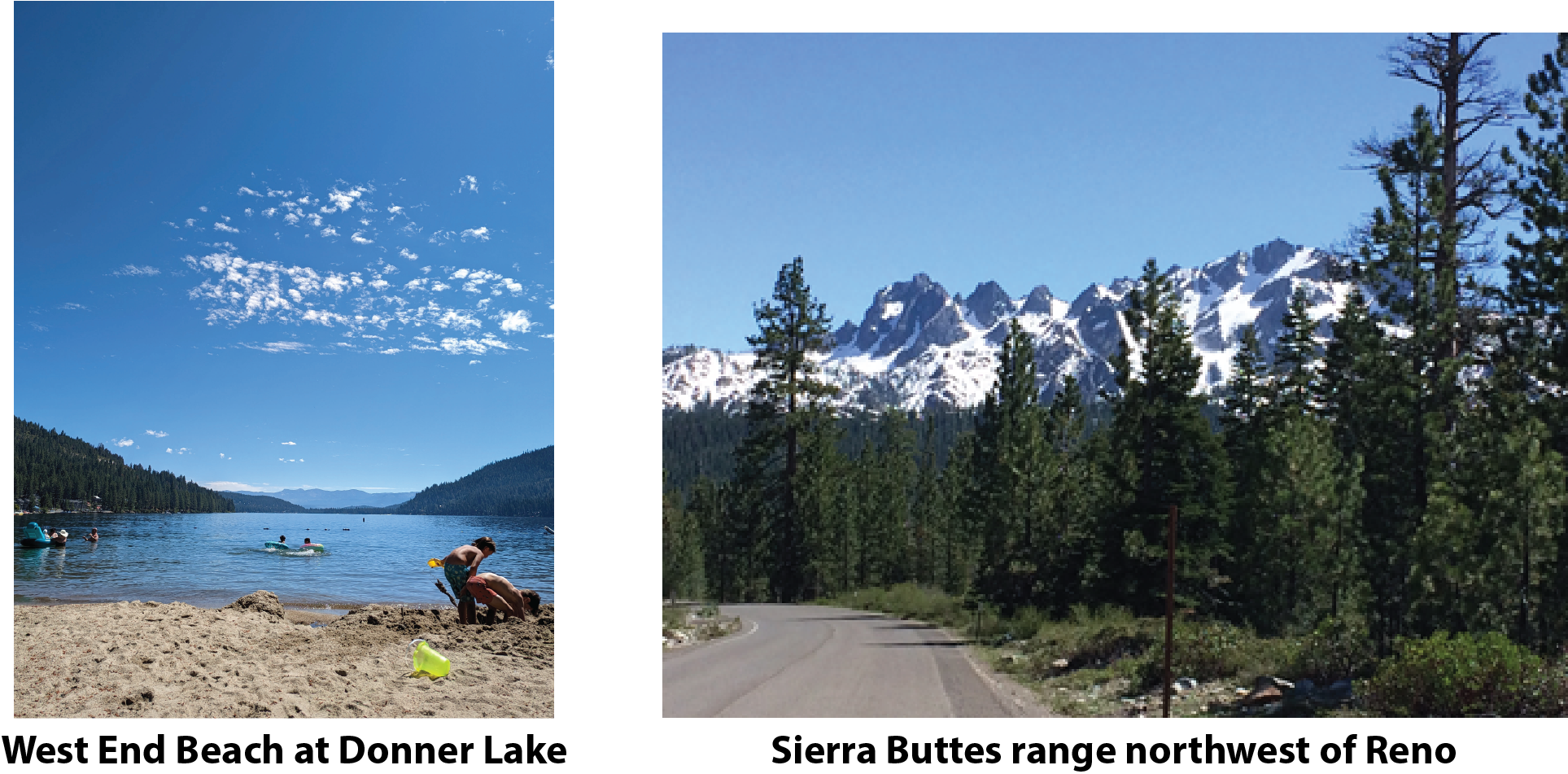 West End Beach at Donner Lake (left) and Sierra Buttes range northwest of Reno
