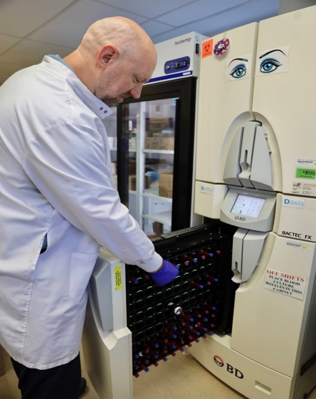 Medical Laboratory Scientist J.K. in the Microbiology lab at VACT. June 2024
