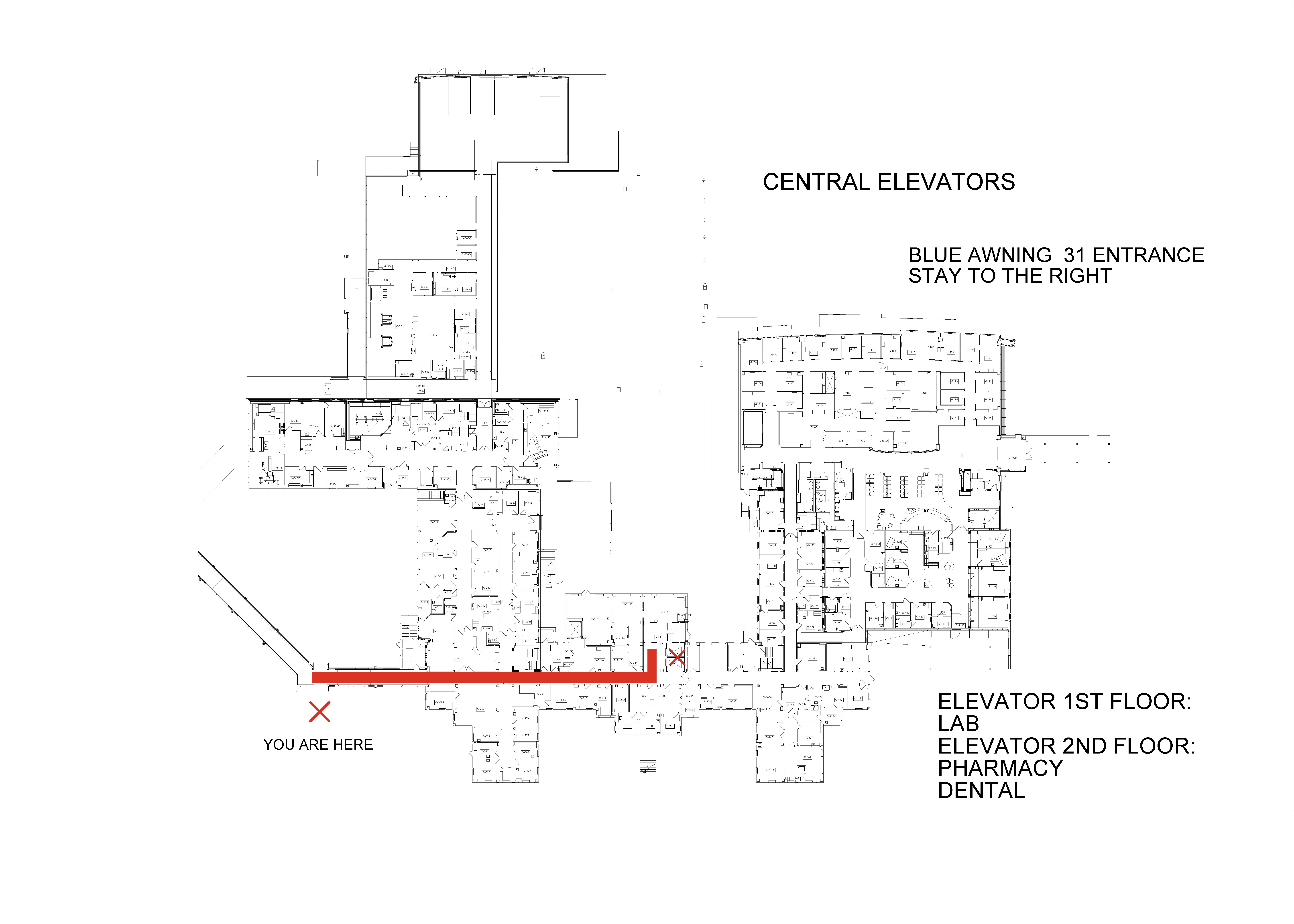 blue awning to central elevator