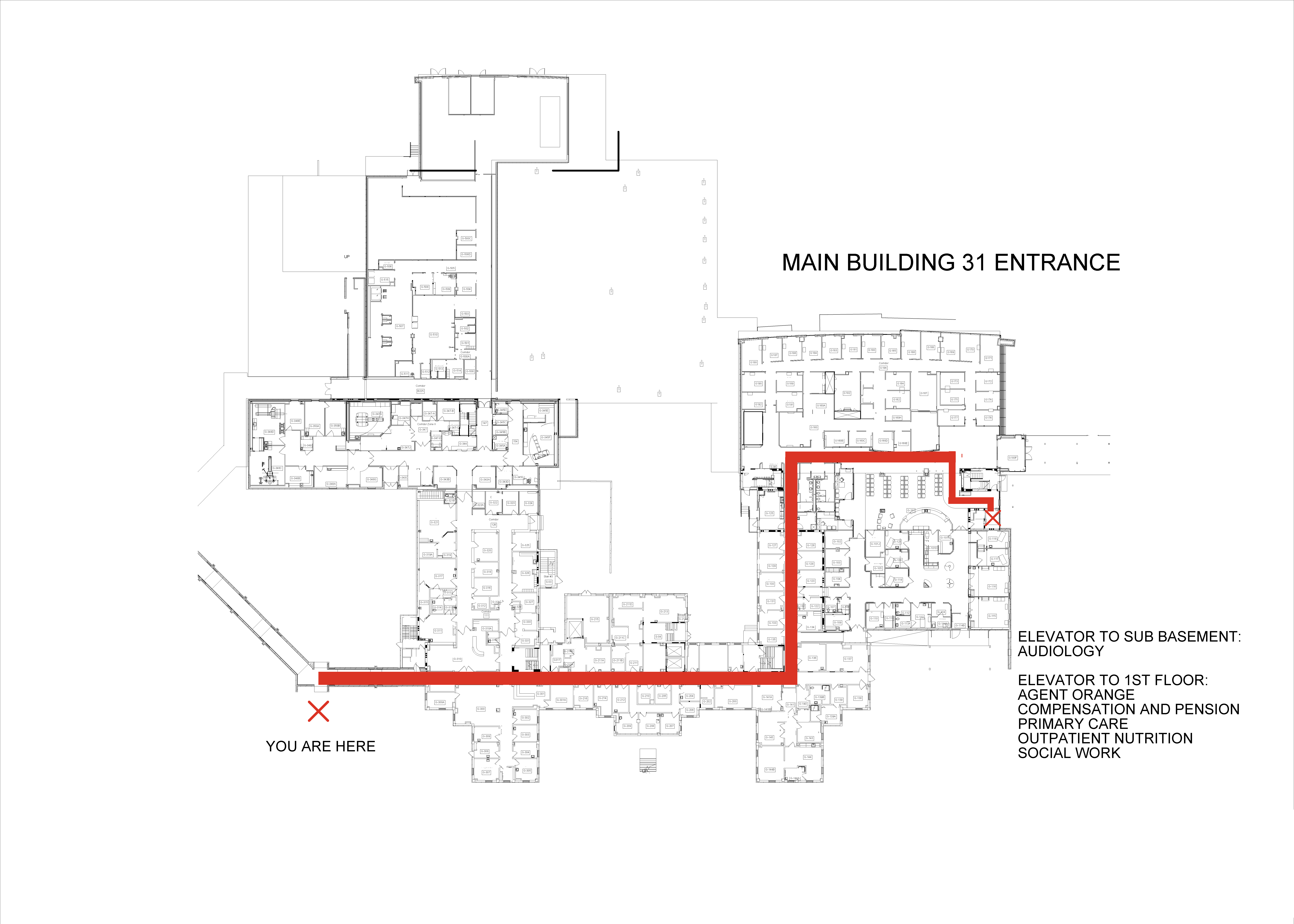 blue awning to sub-basement elevator