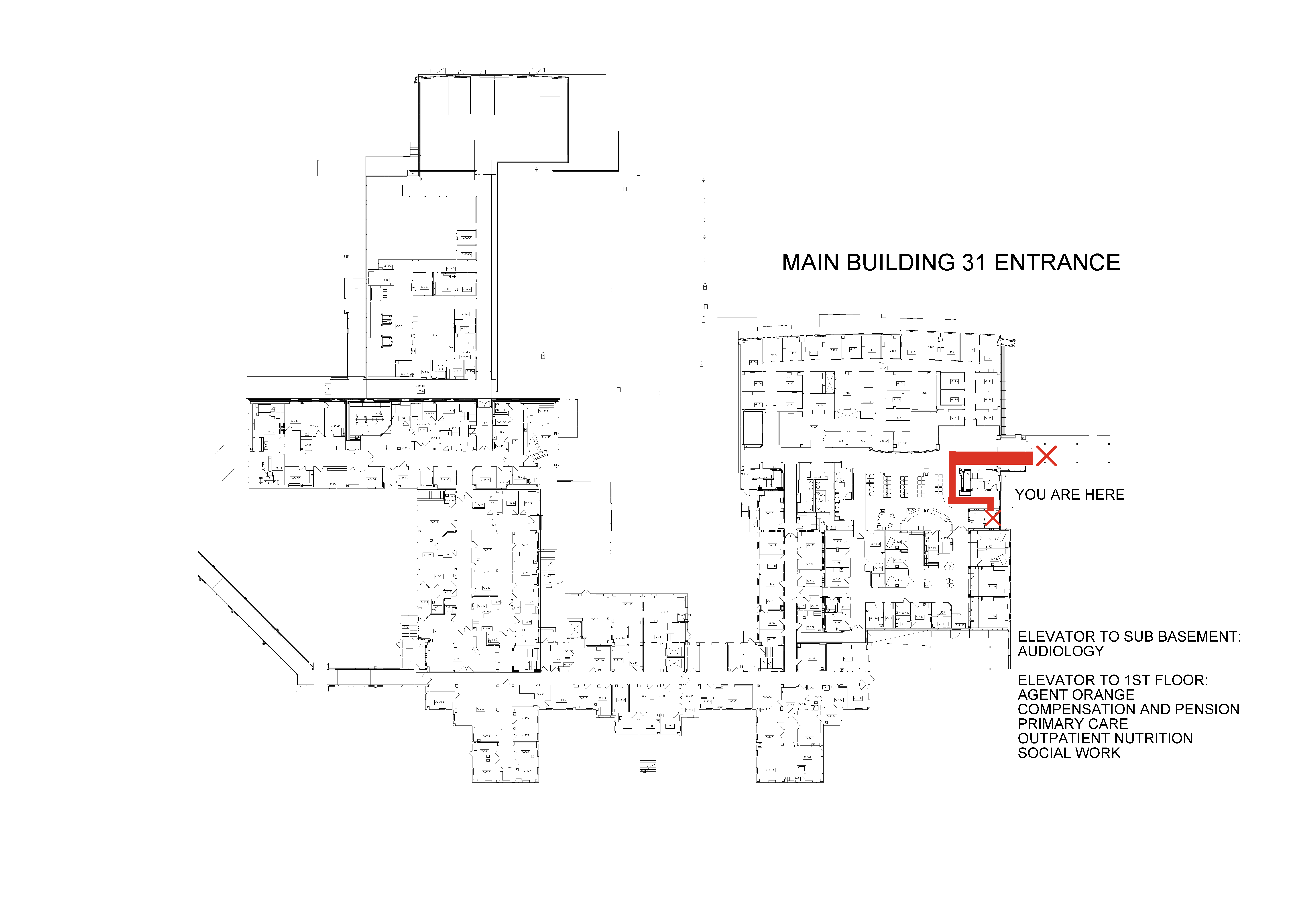 sub-basement, floor 1, floor 2 elevator