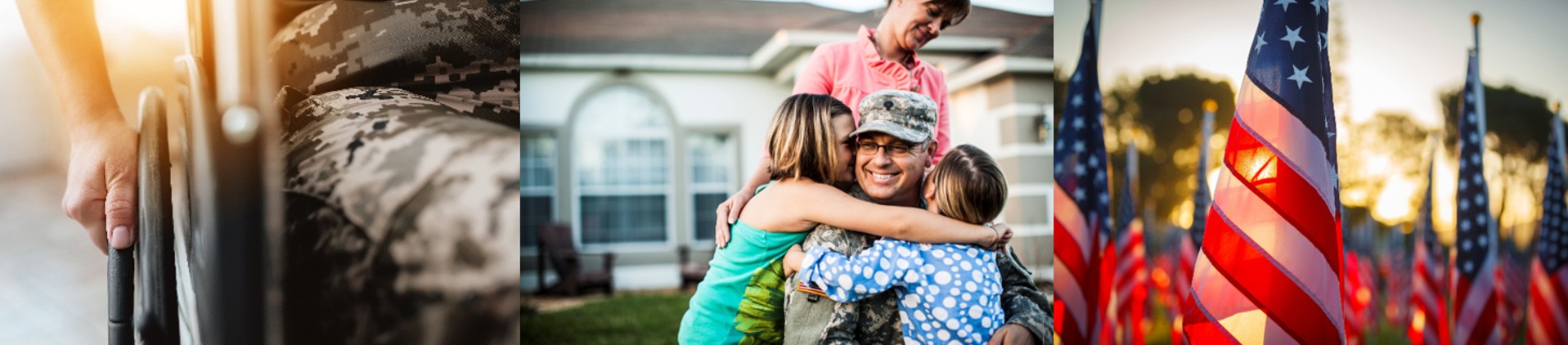 Collage of a Veteran in a wheelchair, soldier with family, and U.S. flags at sunset.