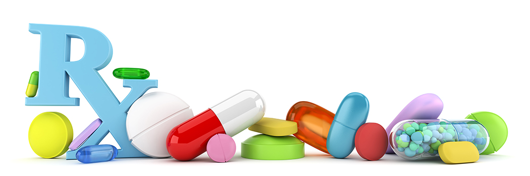 Colorful pills gathered around a 3-D Rx.