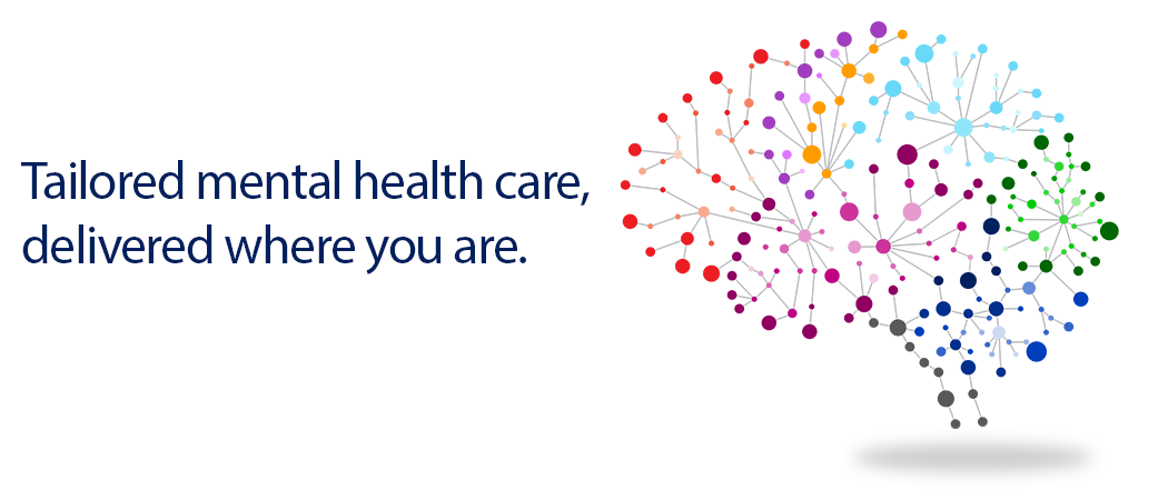 Colorful illustrated representation of a brain made up of dots and lines. Text reads: Tailored mental health care, delivered where you are.