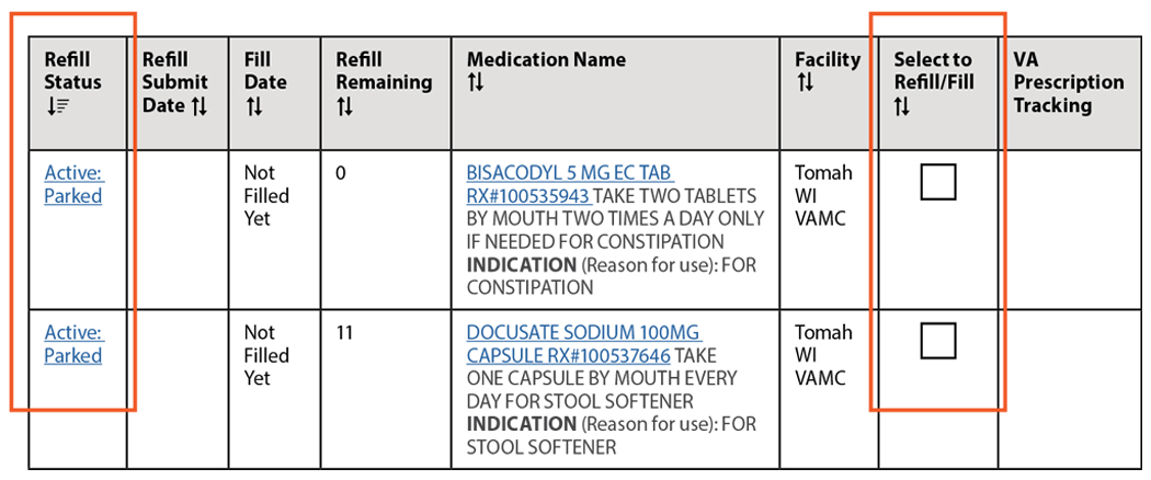Example of what an active parked prescription looks like in My HealtheVet.