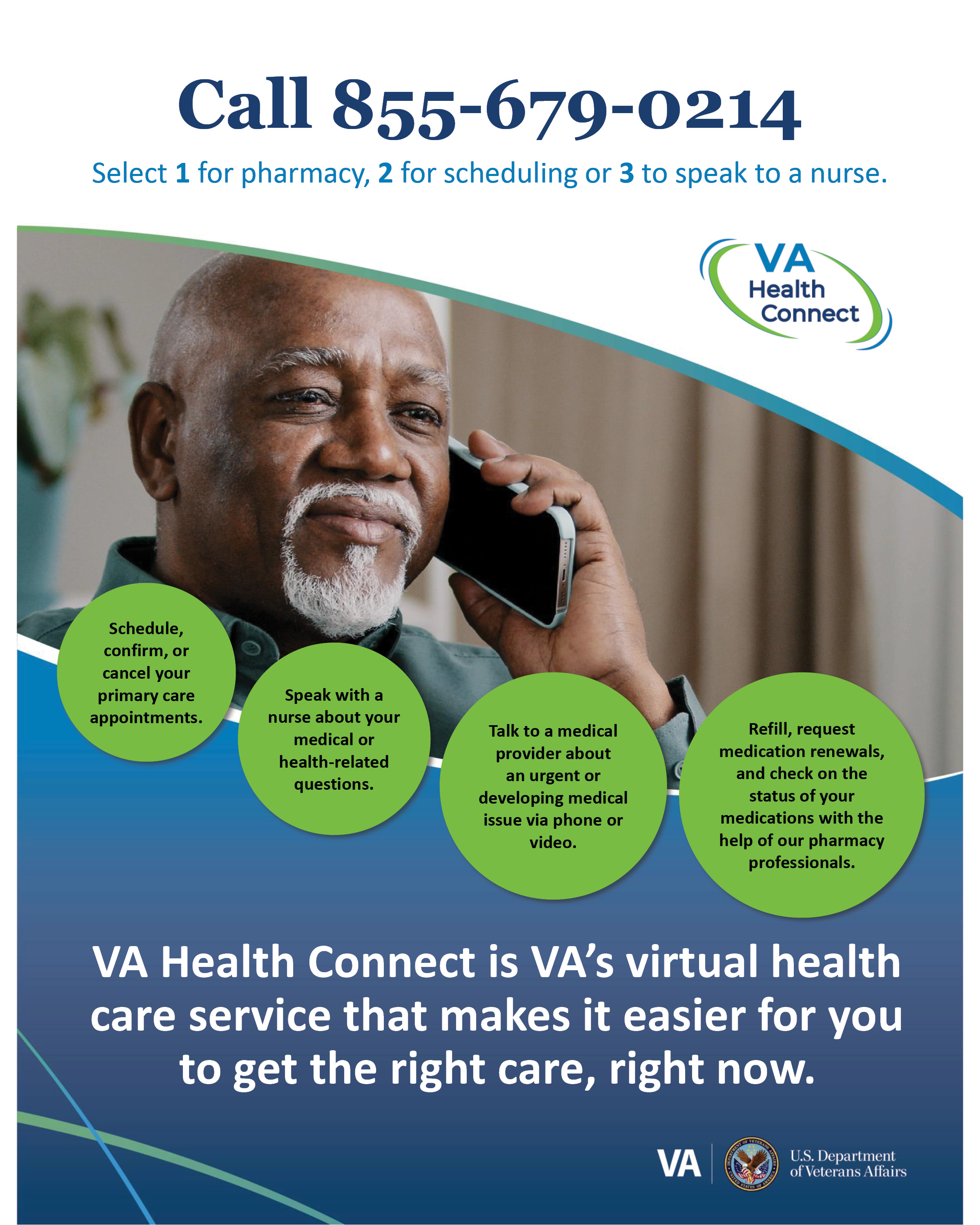 VA Health Connect Flyer
Call 855-679-0214
Select 1 for Pharmacy
2 for scheduling
or 3 to speak with a nurse