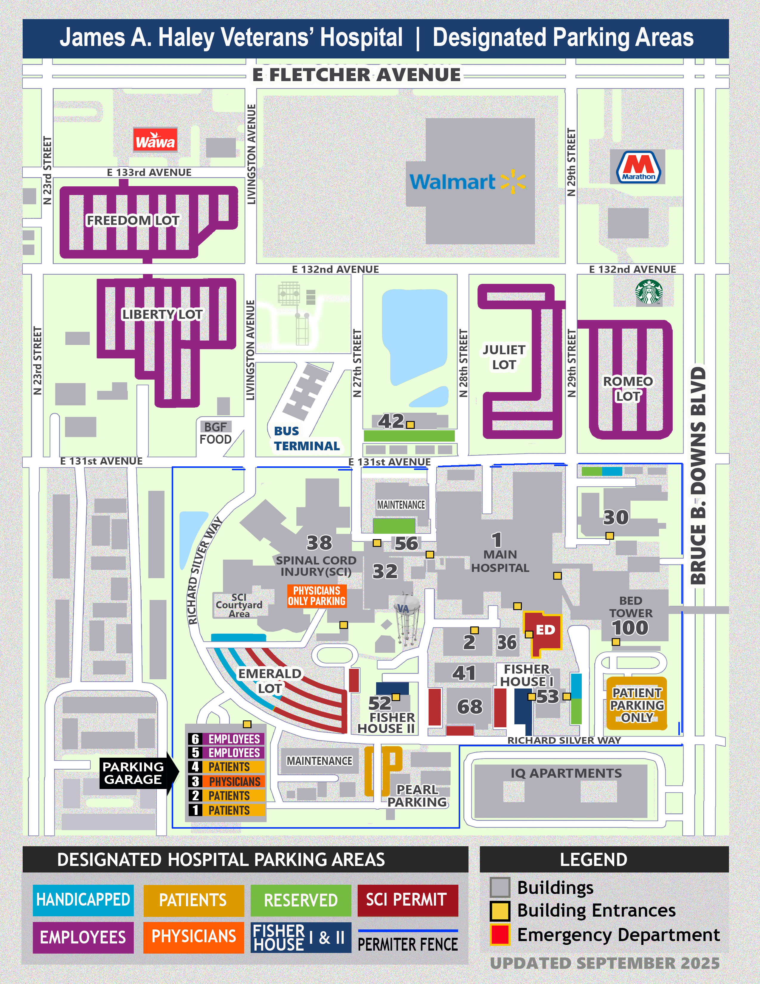 Map of James A. Haley Veterans' Hospital with designated parking areas and building locations.