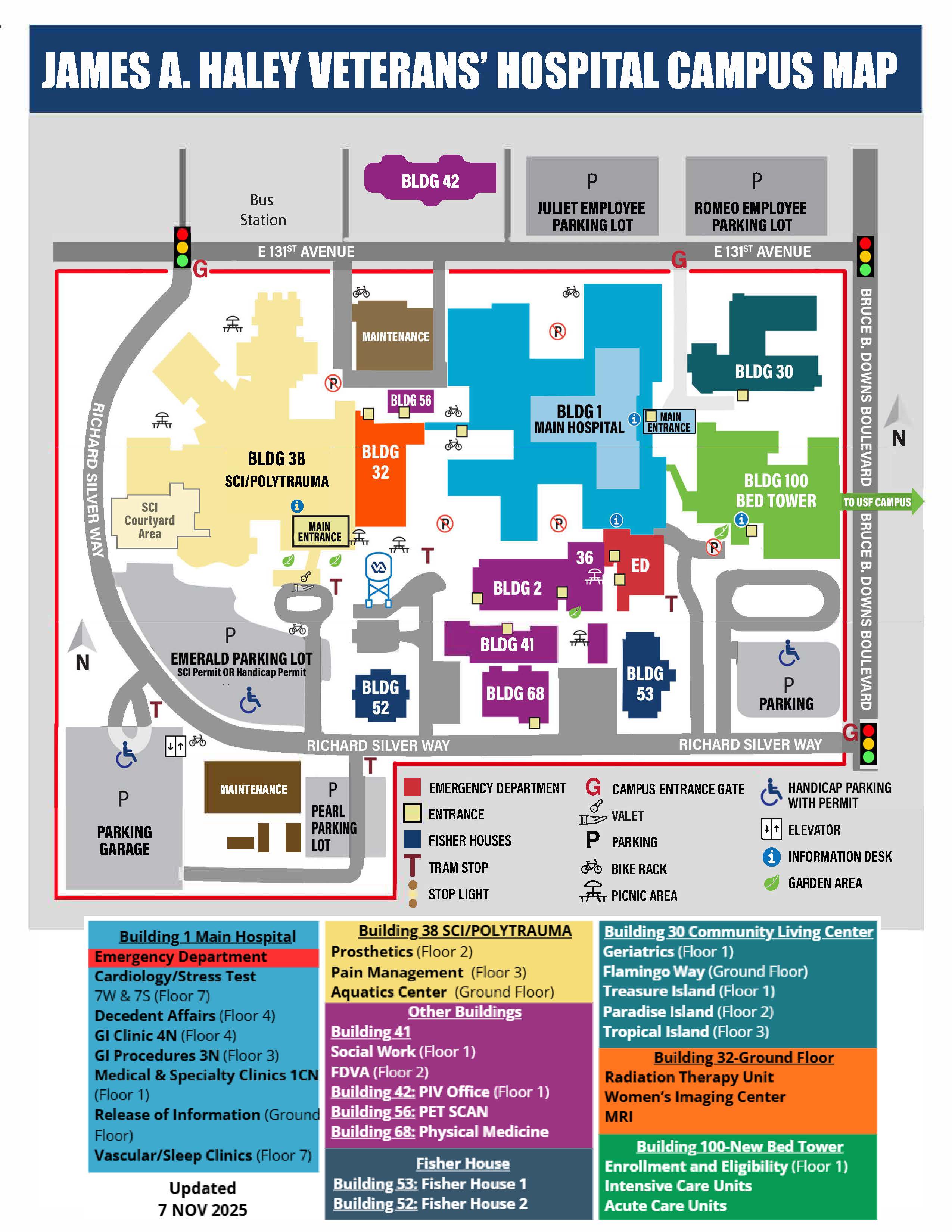 James A. Haley Veterans' Hospital campus map with building locations and parking areas.