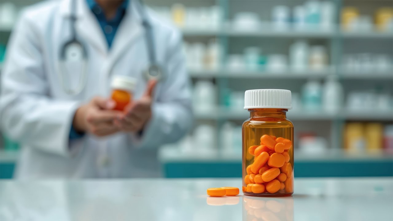 Pharmacist in white coat with stethoscope stands behind counter with medicine bottle and orange pills.