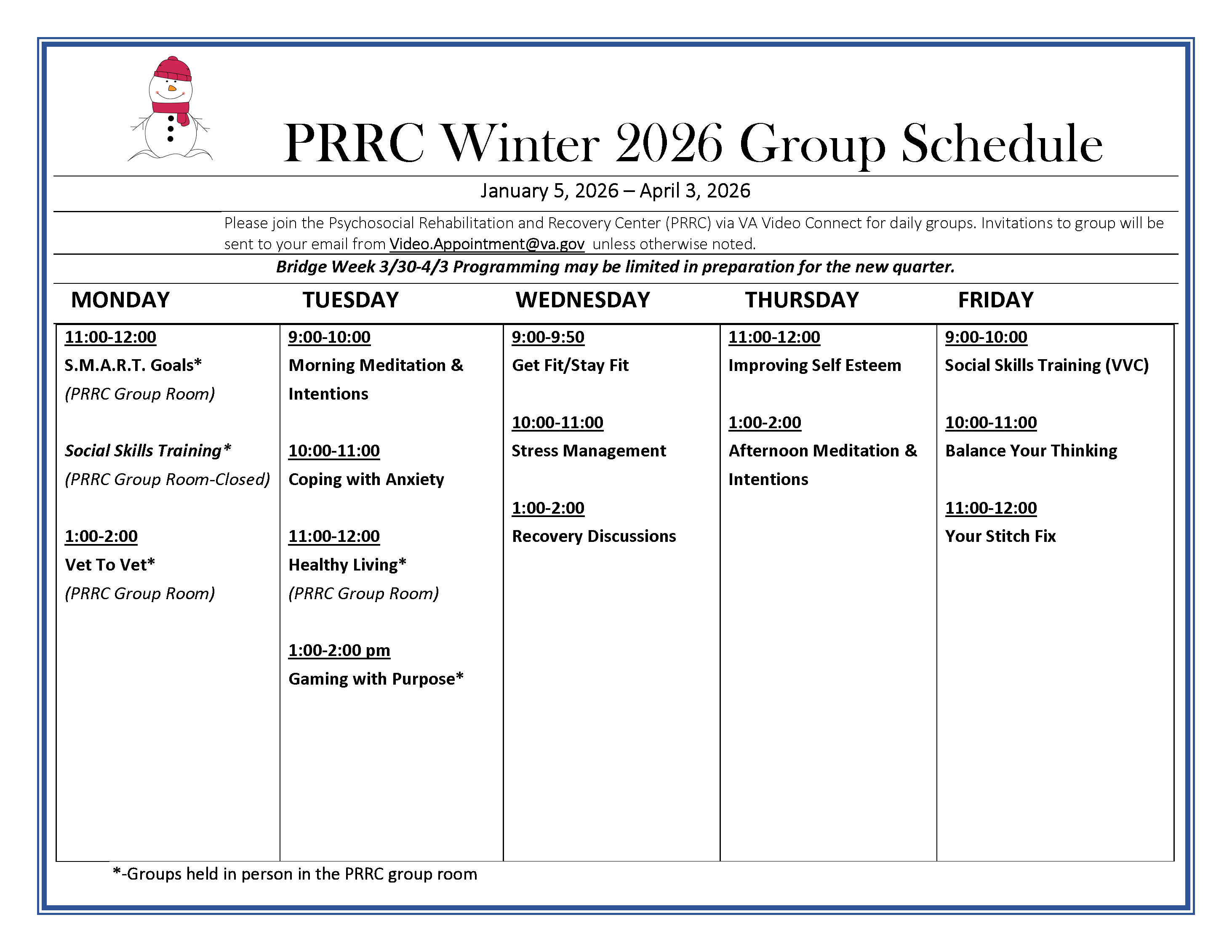 PRRC Schedule Winter 1