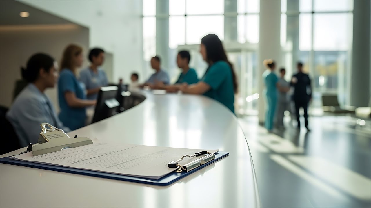 Doctors and nurses in a hospital lobby, clipboard on the counter.
