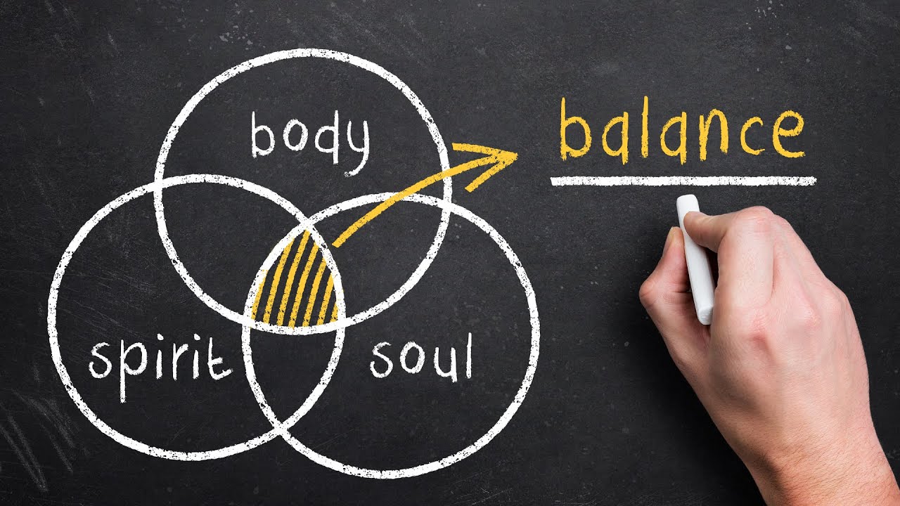 Hand writing on chalkboard: Three circles overlap, labeled body, spirit, soul. Central overlap labeled balance.