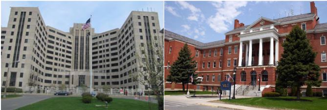 Collage of two buildings: a modern white high-rise and a classic red brick building with columns.