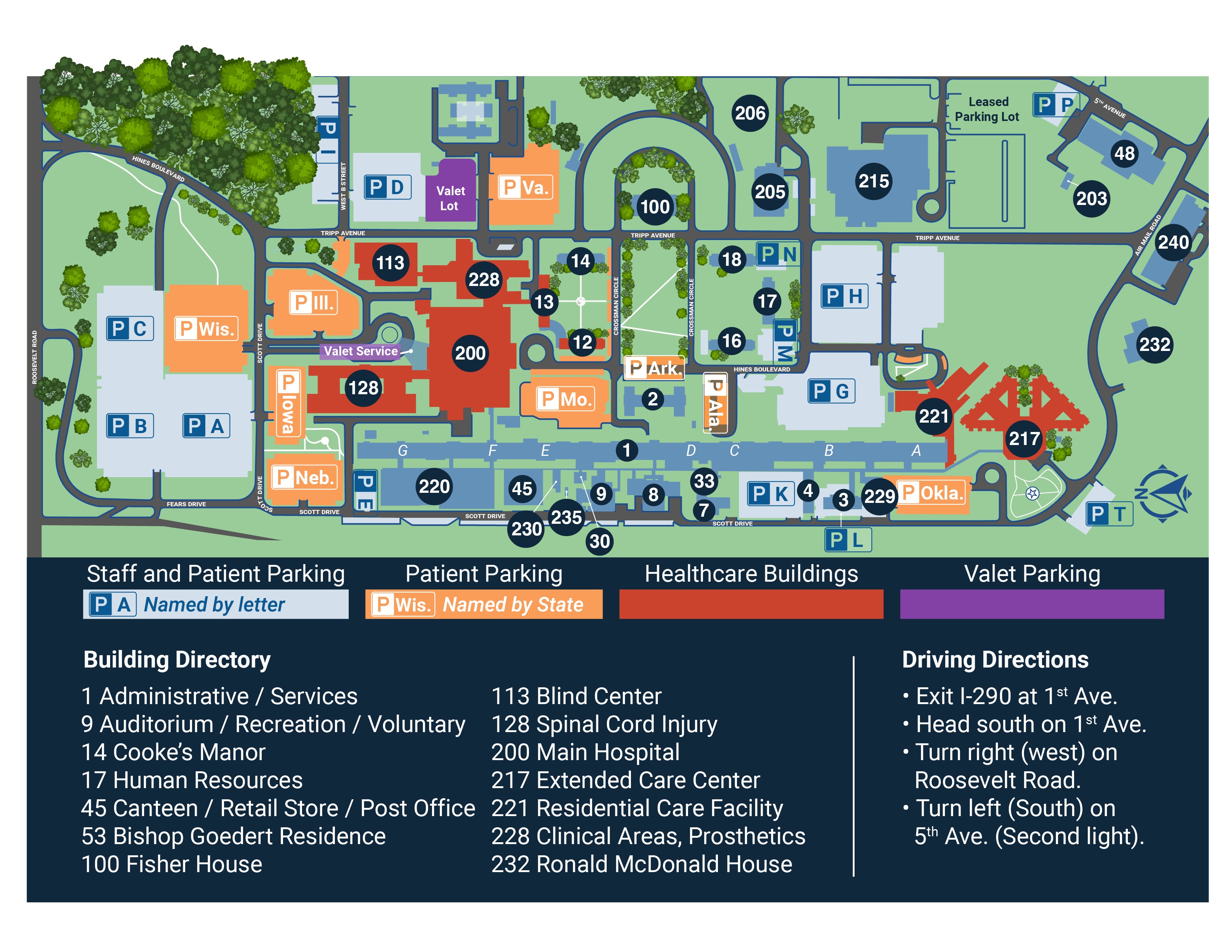 Map of hospital campus with buildings, parking lots, and healthcare facilities labeled.
