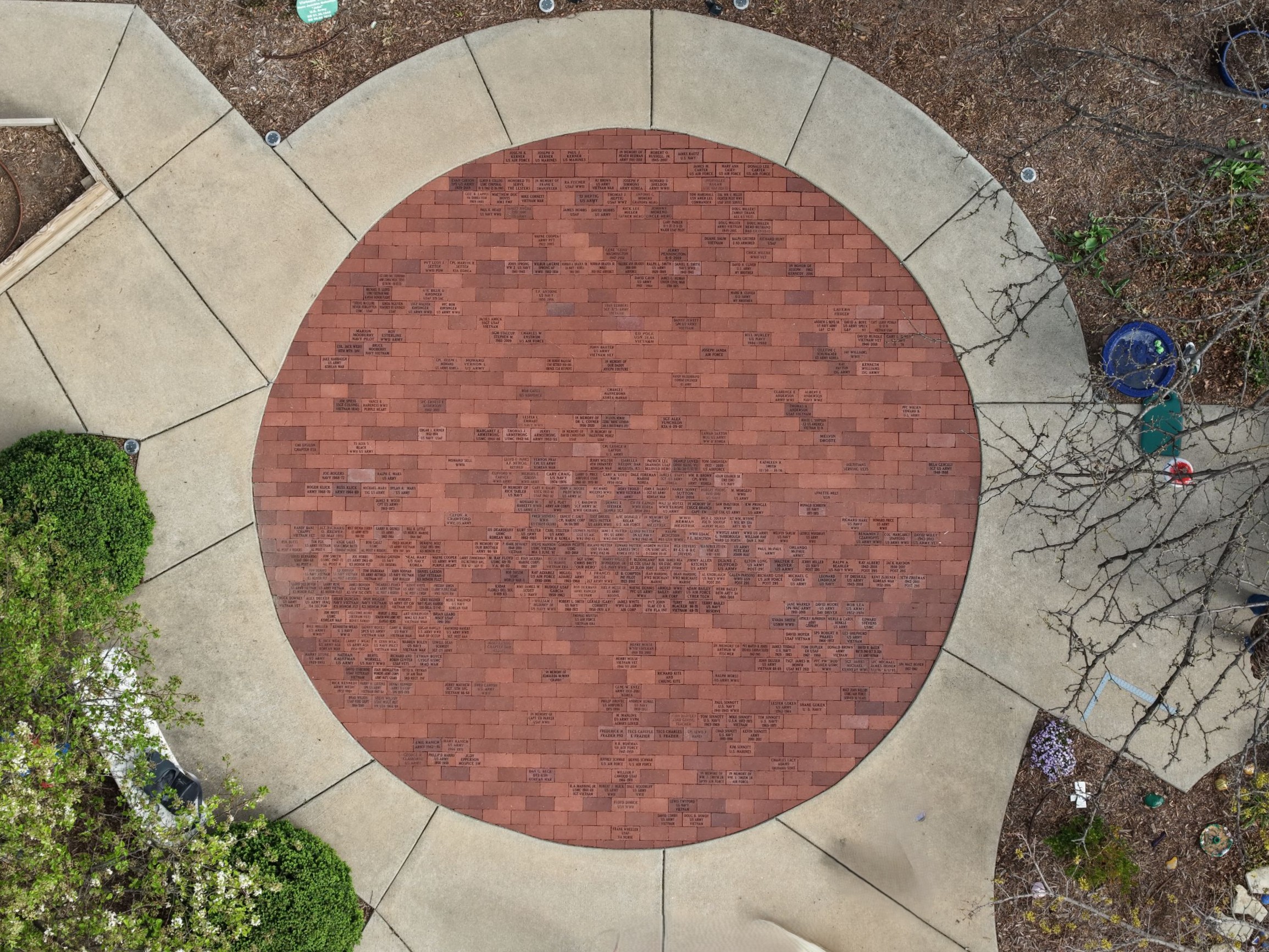 Aerial view of the Circle of Bricks in Dole VA's Memorial Peace Garden. Some bricks have been dedicated in honor of Veterans.