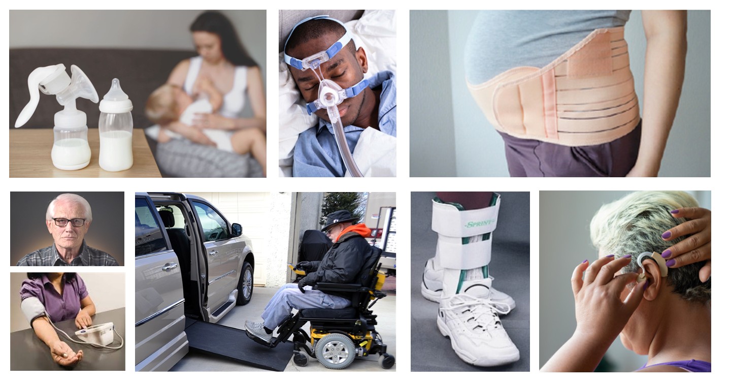 Collage of people using various prosthetic and sensory products.