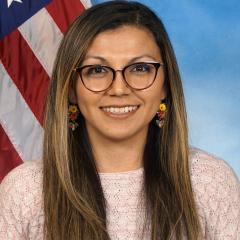 Woman with long brown hair wearing glasses and pink shirt smiling in front of American flag.