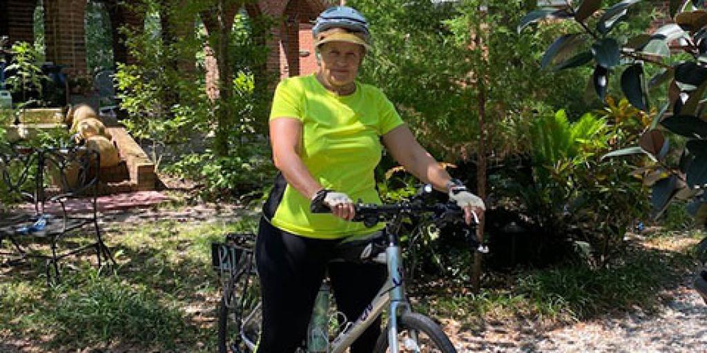 71-year-old U.S. Navy Veteran Liz Crotty won gold at the Virtual National Veterans Golden Age Games in the cycling competition. Photo provided by Liz Crotty.