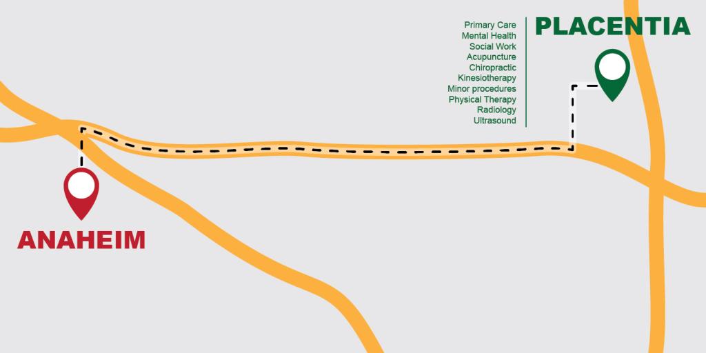 Map drawing showing route from Anaheim to Placentia and the services offered