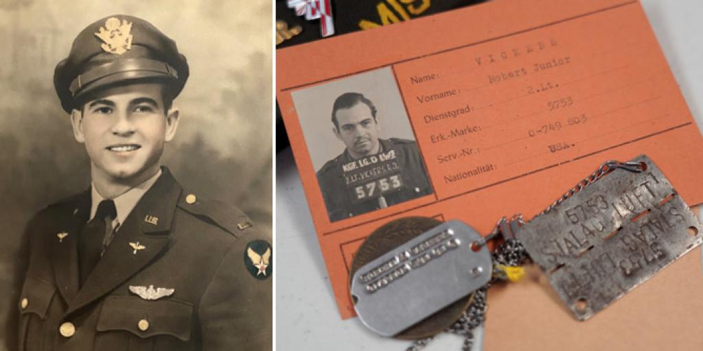 Portrait of Robert “Bob” Vickers in his dress uniform during World War II along. Photograph of his Stalag Luft 1 prisoner identification card and dog tag as well has his Army Air Corps dog tag.