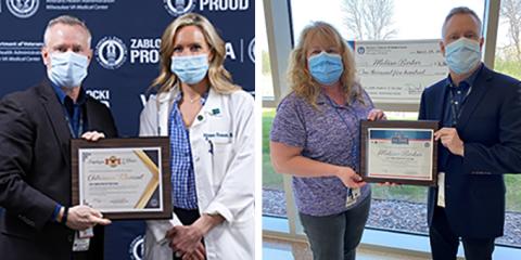 Jim McLain, acting director of the Milwaukee VA Medical Center, poses with Employee of the Year Dr. Adrienne Klement and ICARE Champion of the Year Melissa Barker.