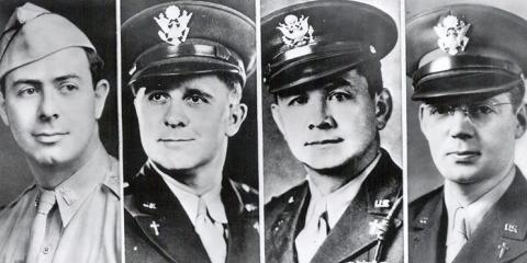 Portraits of the Four Chaplains (L-R) Alexander Goode, Clark Poling, George Fox, and John Washington.