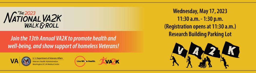 National VA2K Walk and Roll promotional banner in yellow with a graphical image of four people walking, running or rolling in a wheelchair, holding flags that say VA2K.