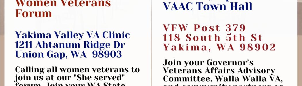 Flyer image with information about Yakima Area Veterans Town Hall set for May 17 from 10 a.m. to 12:30 p.m.